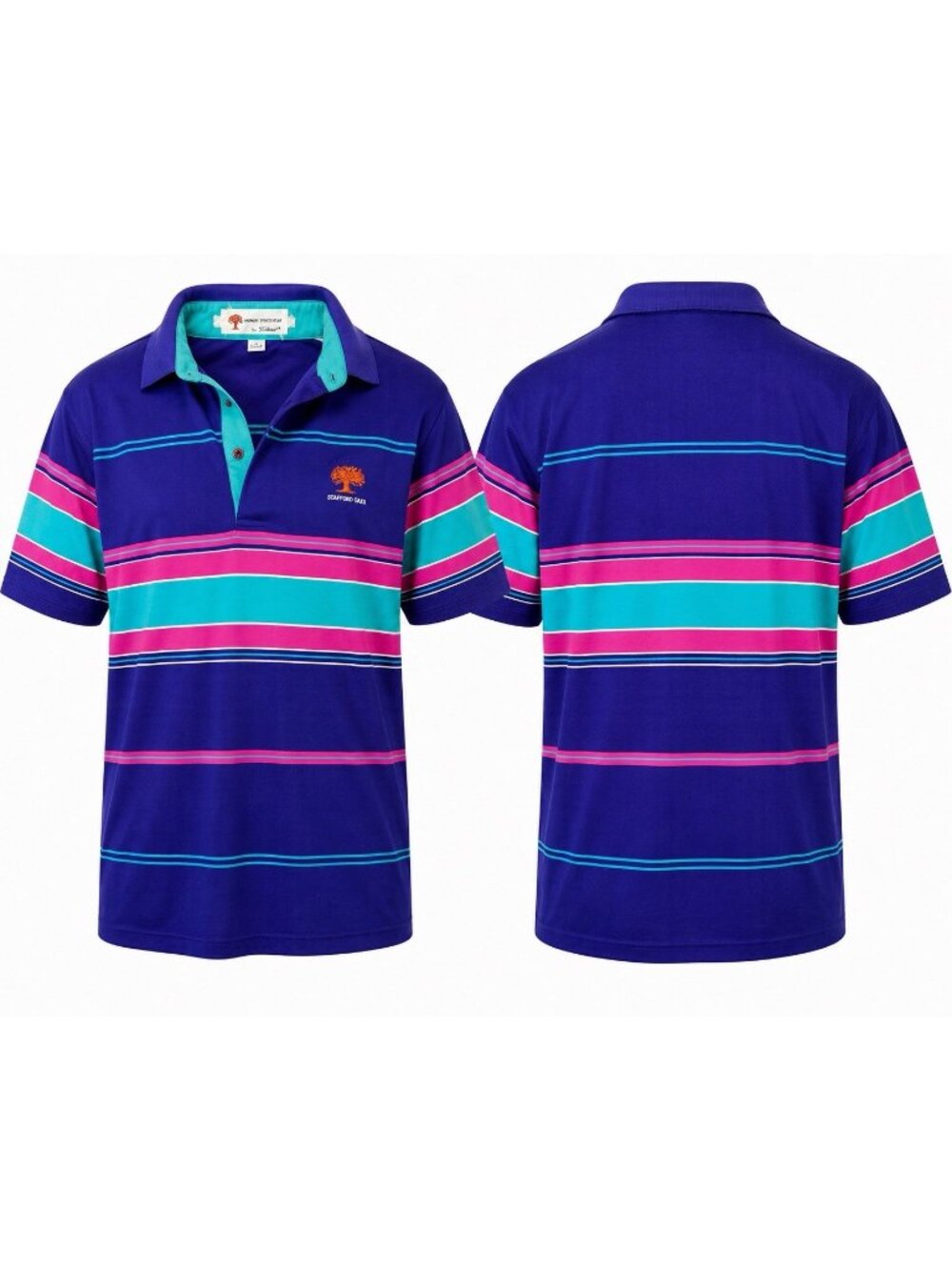 Vintage 80s Stafford Oaks Titleist Polo Shirt USA XL Blue Pink Teal Golf Striped